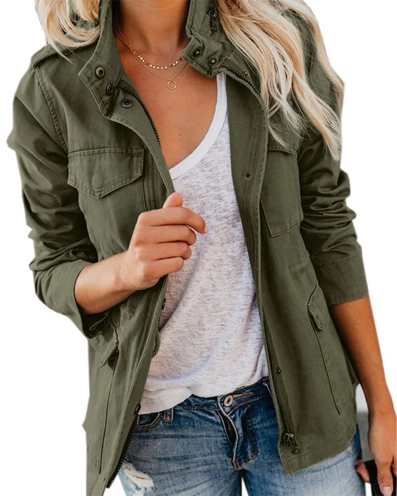 Women's utility field jacket with zip-front stand collar – Dark Green
