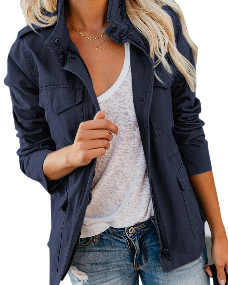 Women's utility field jacket with zip-front stand collar – Marine Blue