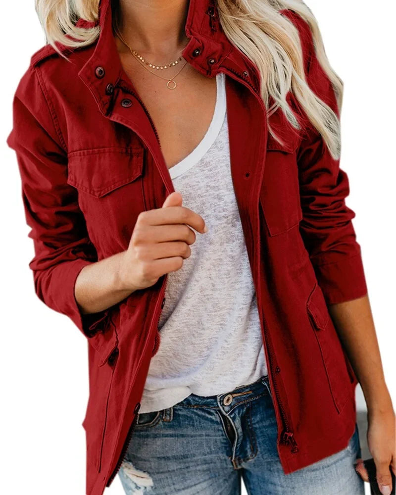 Women's utility field jacket with zip-front stand collar – Red