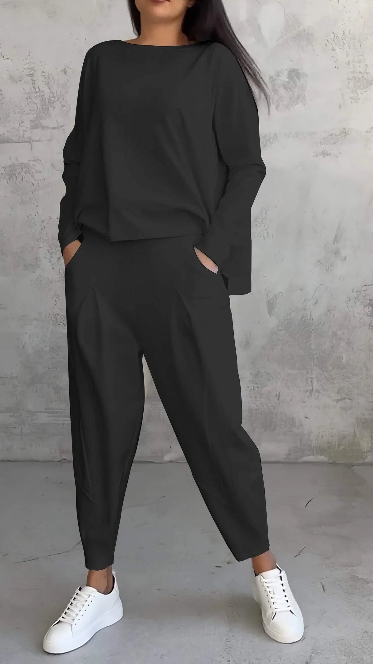 Women's knit 2-piece lounge set with long sleeve boat-neck top and tapered pants with pockets – Black