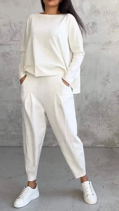 Women's knit 2-piece lounge set with long sleeve boat-neck top and tapered pants with pockets – Off-White