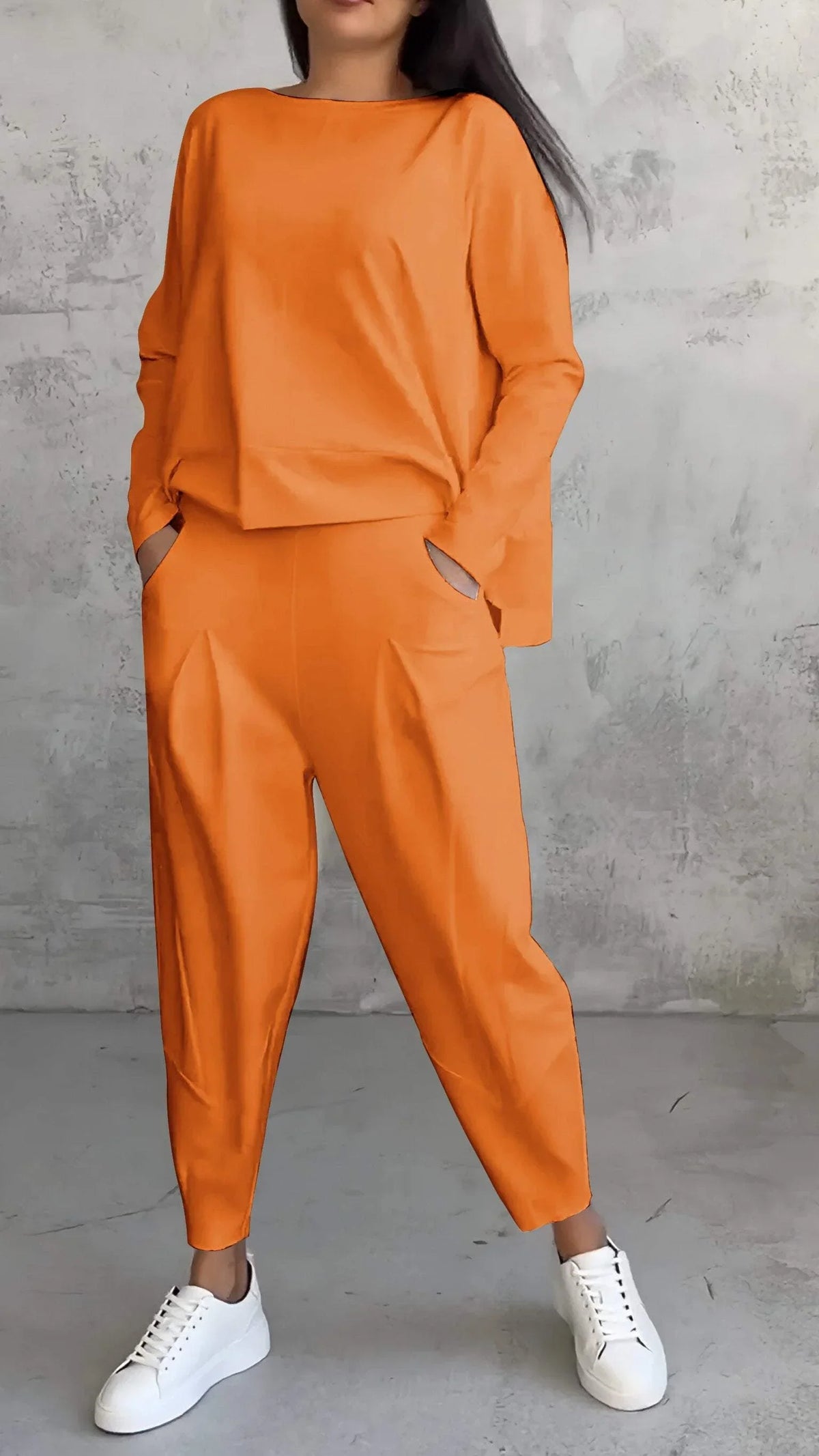 Women's knit 2-piece lounge set with long sleeve boat-neck top and tapered pants with pockets – Orange