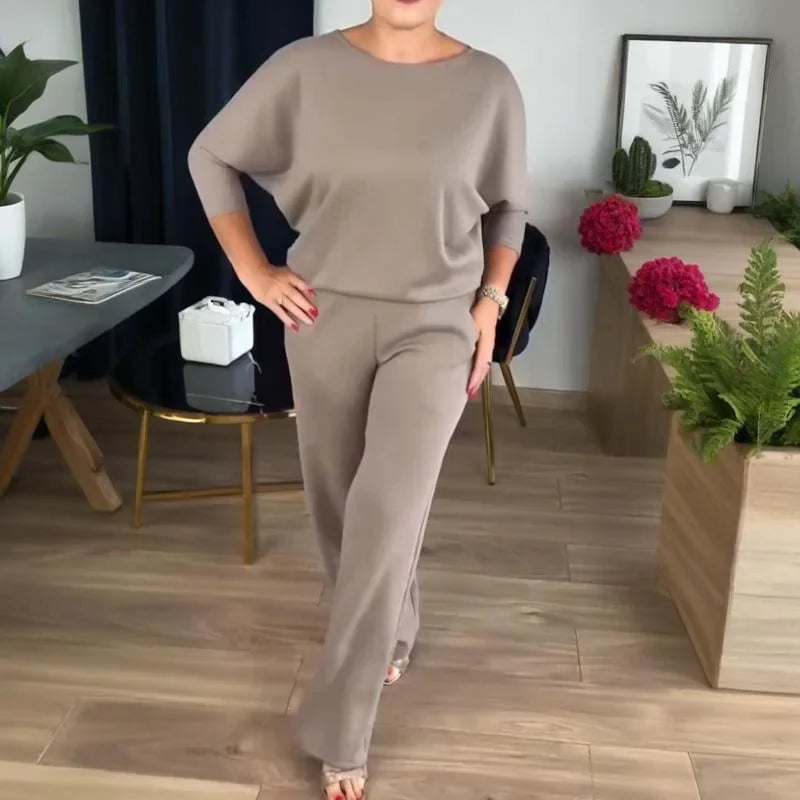 Women's knit 3-piece set with open-front cardigan and wide-leg trousers