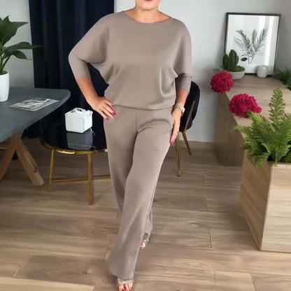 Women's knit 3-piece set with open-front cardigan and wide-leg trousers
