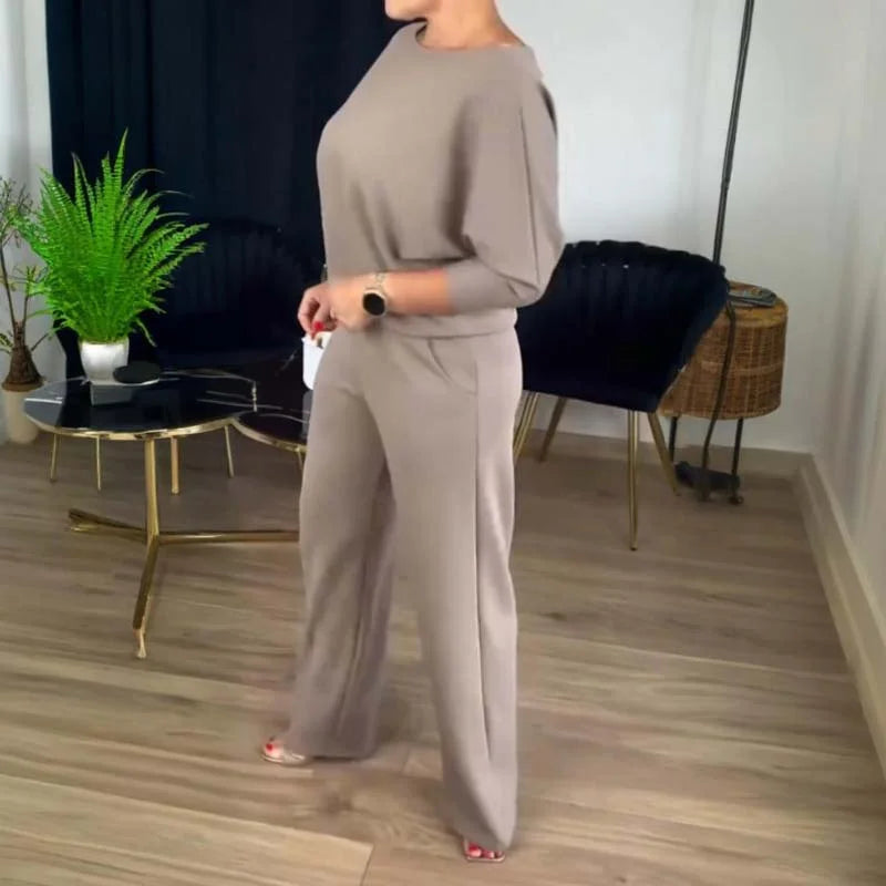 Women's knit 3-piece set with open-front cardigan and wide-leg trousers