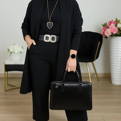 Women's knit 3-piece set with open-front cardigan and wide-leg trousers – Black