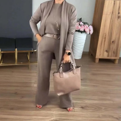Women's knit 3-piece set with open-front cardigan and wide-leg trousers – Brown