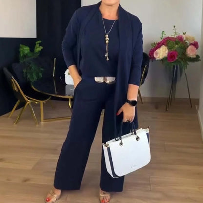Women's knit 3-piece set with open-front cardigan and wide-leg trousers – Navy