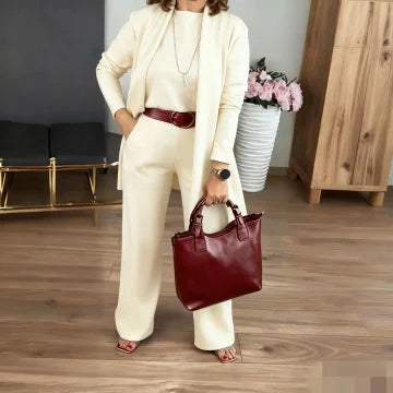 Women's knit 3-piece set with open-front cardigan and wide-leg trousers – Off-white