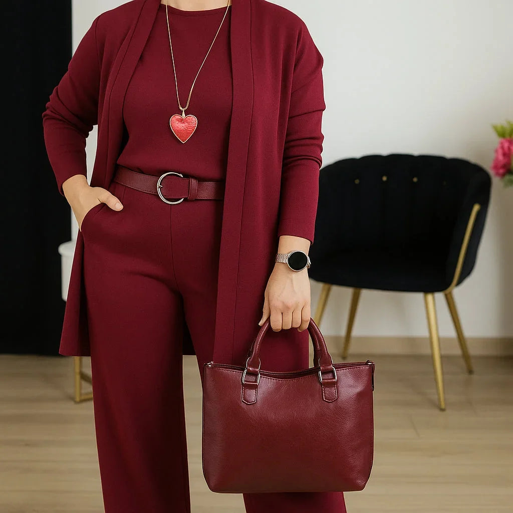 Women's knit 3-piece set with open-front cardigan and wide-leg trousers – Red