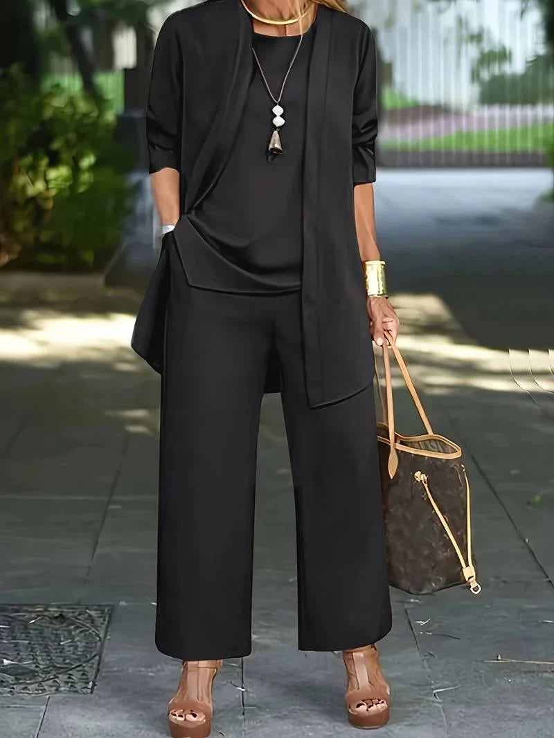 Women's knit 3 piece set with round-neck tank and wide-leg trousers – Black