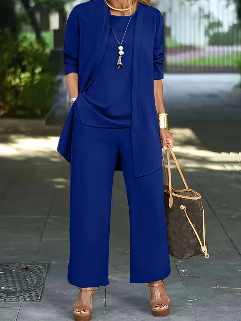 Women's knit 3 piece set with round-neck tank and wide-leg trousers – Blue