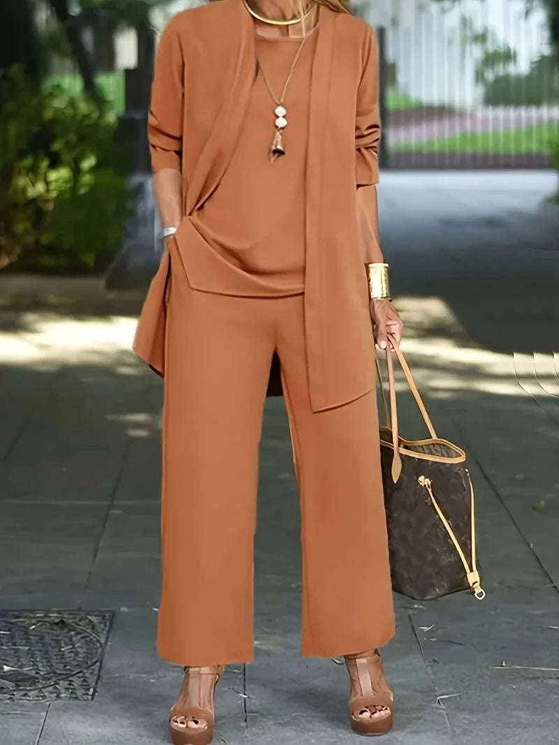 Women's knit 3 piece set with round-neck tank and wide-leg trousers – Brown