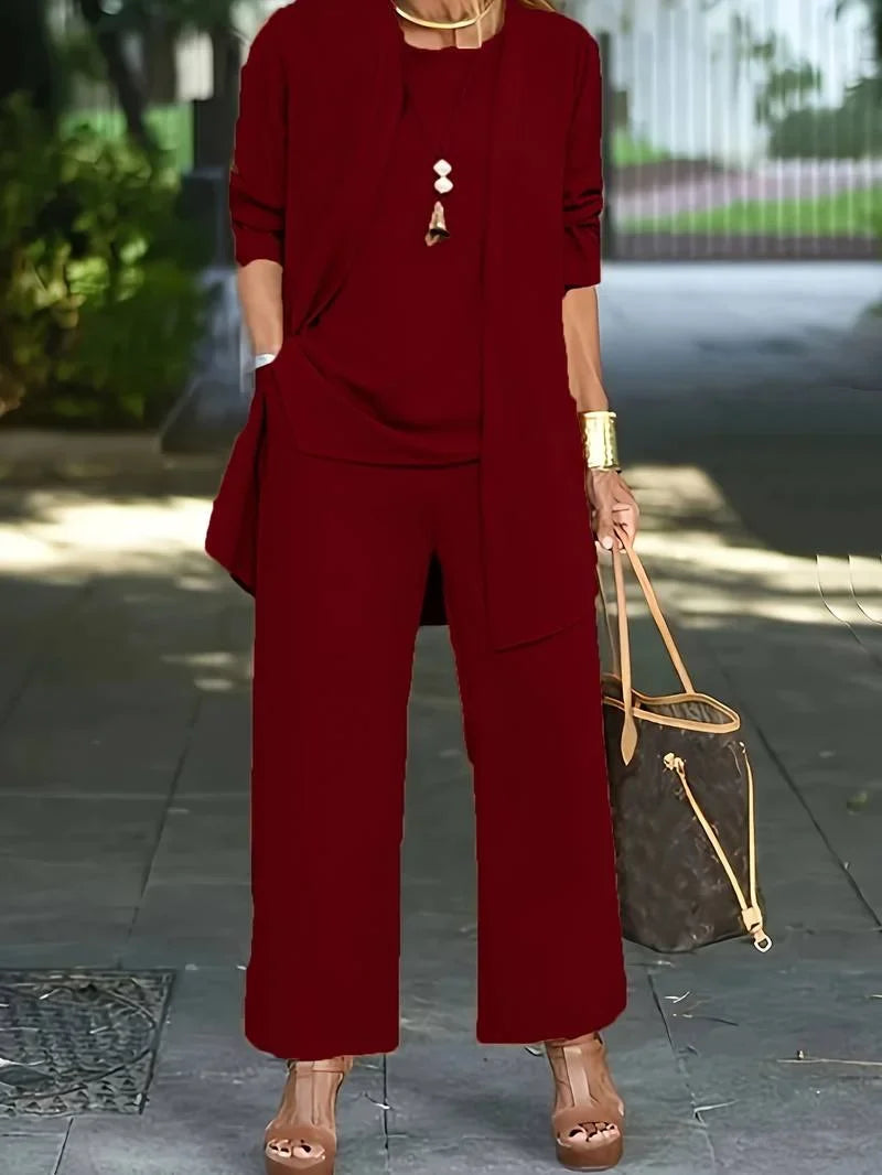 Women's knit 3 piece set with round-neck tank and wide-leg trousers – Burgundy