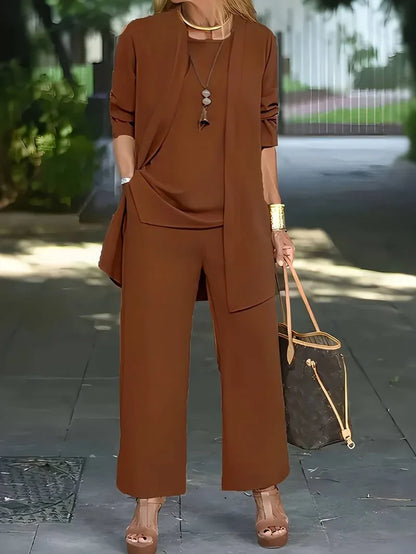 Women's knit 3 piece set with round-neck tank and wide-leg trousers – Dark Brown