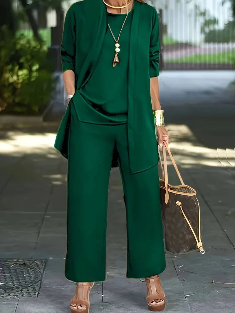 Women's knit 3 piece set with round-neck tank and wide-leg trousers – Dark Green