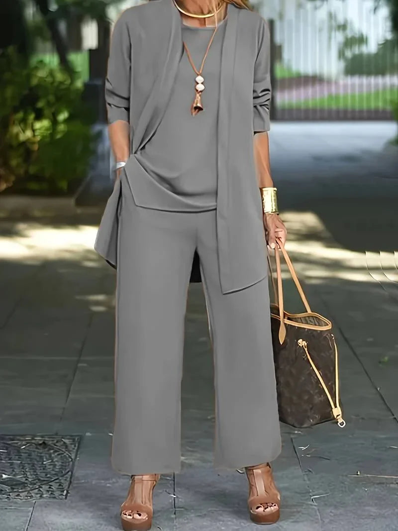 Women's knit 3 piece set with round-neck tank and wide-leg trousers – Grey