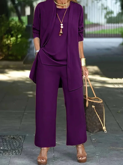 Women's knit 3 piece set with round-neck tank and wide-leg trousers – Purple