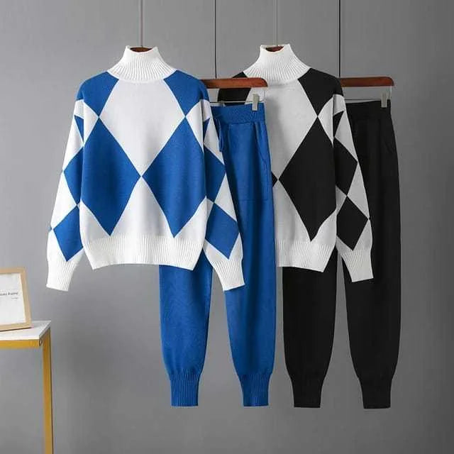 Women's knit argyle matching set with turtleneck sweater and jogger trousers