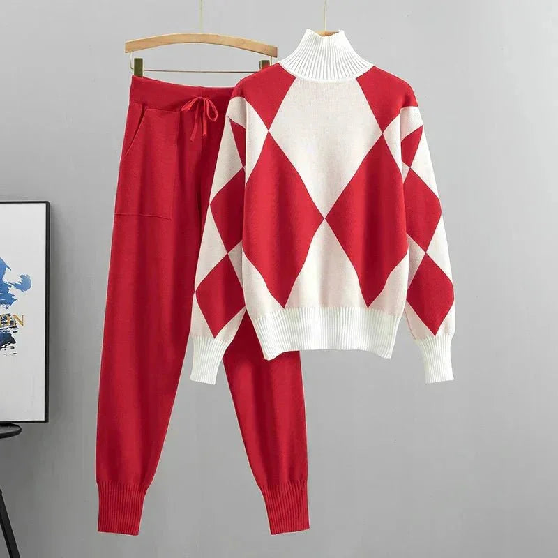 Women's knit argyle matching set with turtleneck sweater and jogger trousers