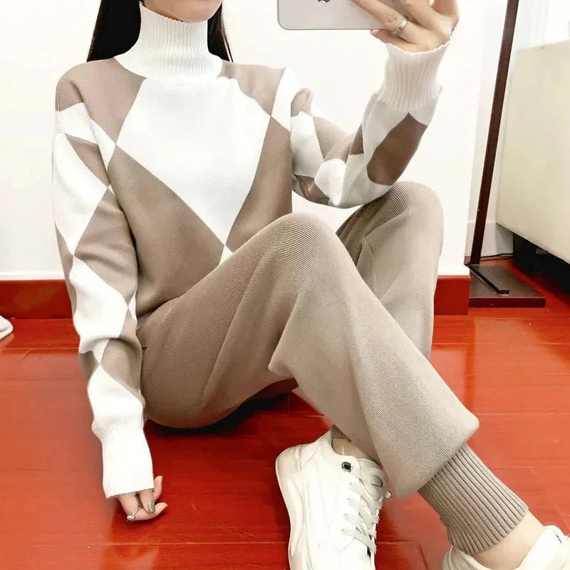 Women's knit argyle matching set with turtleneck sweater and jogger trousers