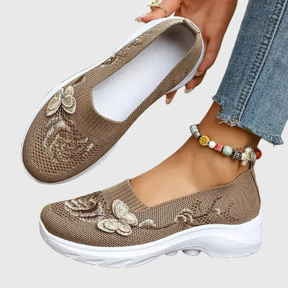 Women's knit butterfly embroidered slip-on sneakers with sole – Khaki