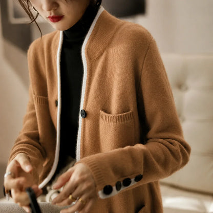 Women's knit button-front cardigan sweater with contrast trim and cuff buttons