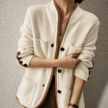Women's knit button-front cardigan sweater with contrast trim and cuff buttons
