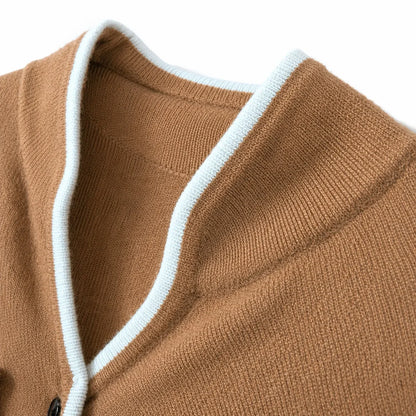 Women's knit button-front cardigan sweater with contrast trim and cuff buttons