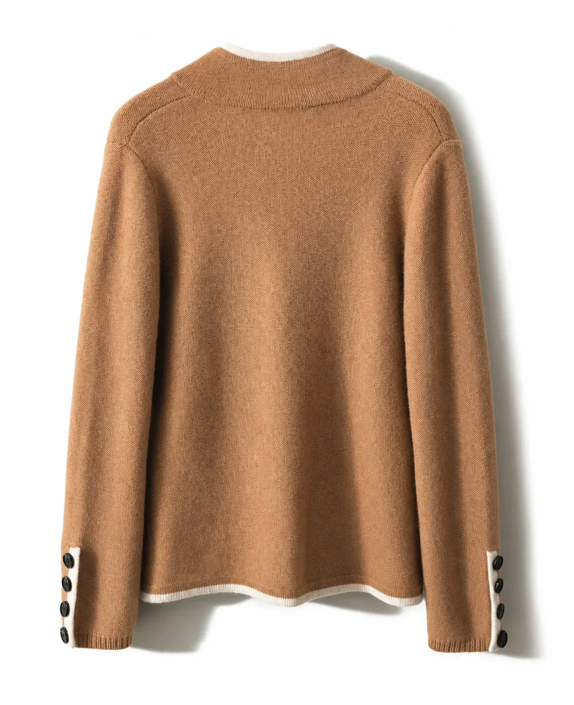 Women's knit button-front cardigan sweater with contrast trim and cuff buttons