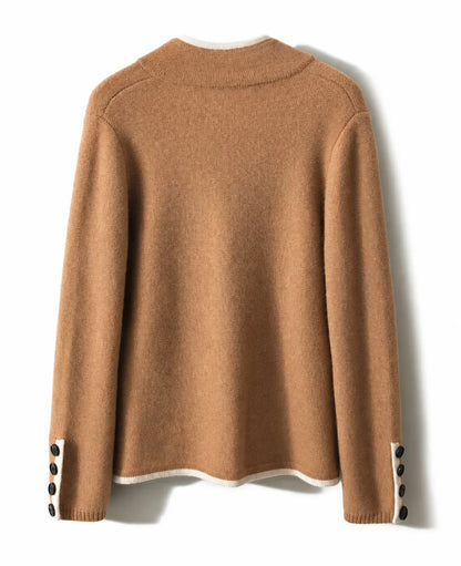 Women's knit button-front cardigan sweater with contrast trim and cuff buttons