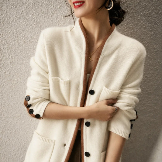 Women's knit button-front cardigan sweater with contrast trim and cuff buttons – Beige