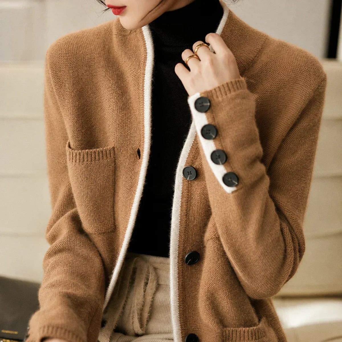 Women's knit button-front cardigan sweater with contrast trim and cuff buttons – Brown
