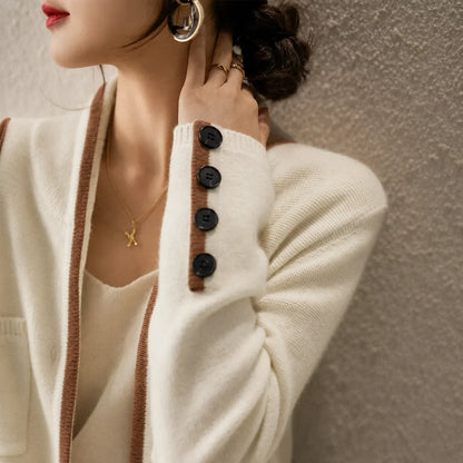 Women's knit button-front cardigan sweater with contrast trim and cuff buttons