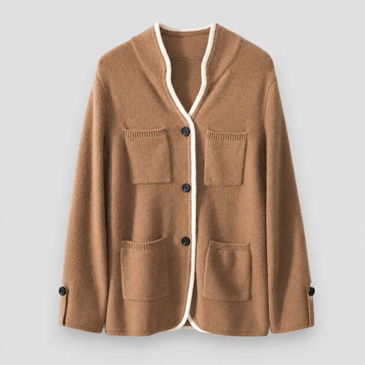 Women's knit button-front cardigan sweater with contrast trim and cuff buttons