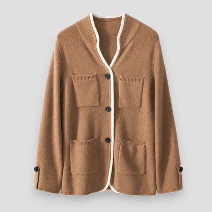Women's knit button-front cardigan sweater with contrast trim and cuff buttons