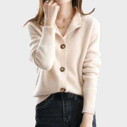 Women's knit button-front cardigan sweater with stand-collar and ribbed cuffs