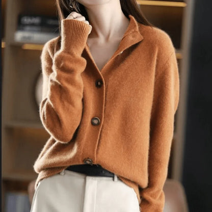 Women's knit button-front cardigan sweater with stand-collar and ribbed cuffs