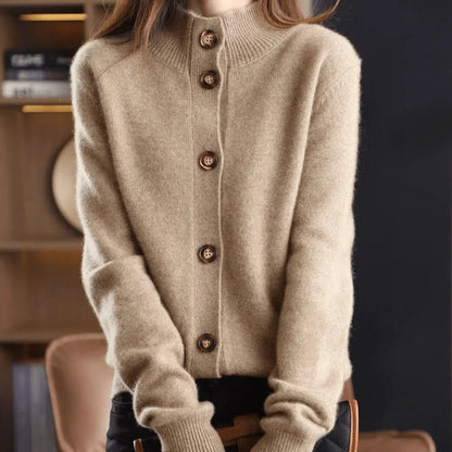 Women's knit button-front cardigan sweater with stand-collar and ribbed cuffs