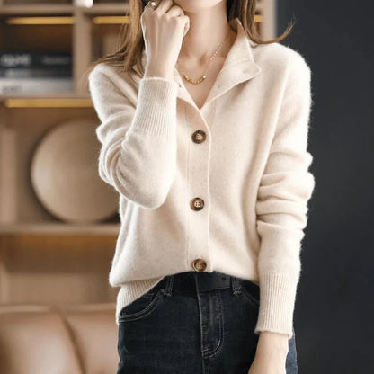 Women's knit button-front cardigan sweater with stand-collar and ribbed cuffs – Beige