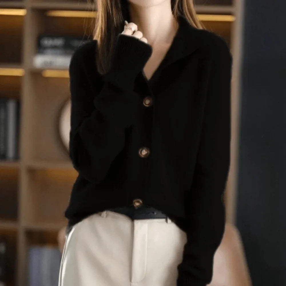 Women's knit button-front cardigan sweater with stand-collar and ribbed cuffs – Black