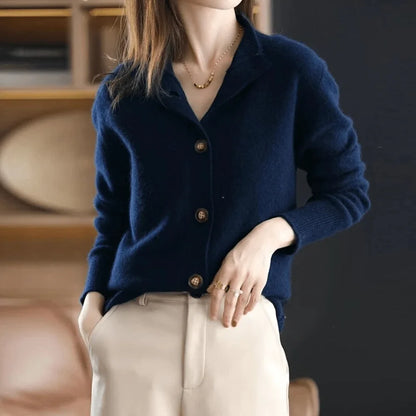 Women's knit button-front cardigan sweater with stand-collar and ribbed cuffs – Dark Blue