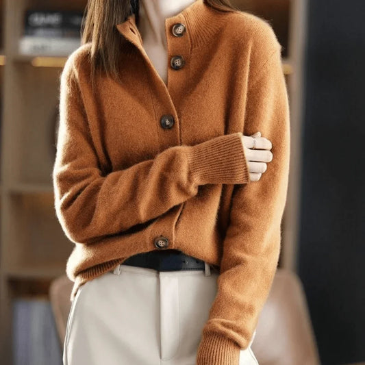 Women's knit button-front cardigan sweater with stand-collar and ribbed cuffs – Orange