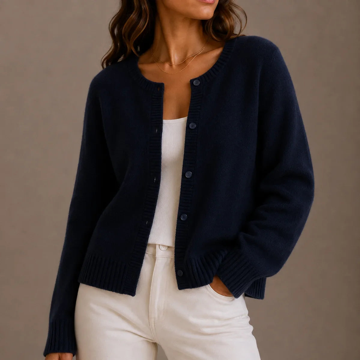 Women's knitwear cardigan, soft button-up round neck