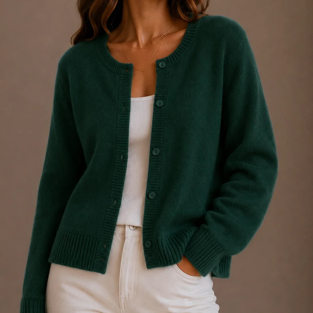 Women's knitwear cardigan, soft button-up round neck – Green