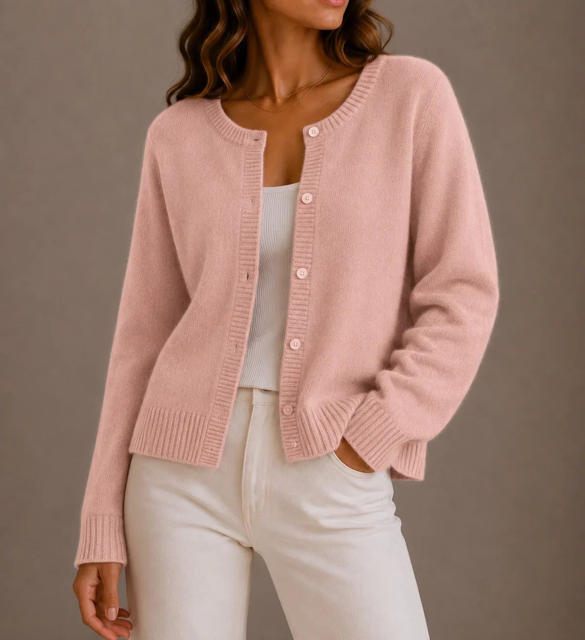 Women's knitwear cardigan, soft button-up round neck – Pink