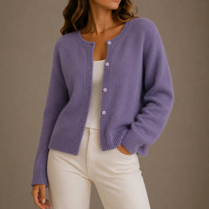 Women's knitwear cardigan, soft button-up round neck – Purple