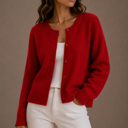 Women's knitwear cardigan, soft button-up round neck – Red