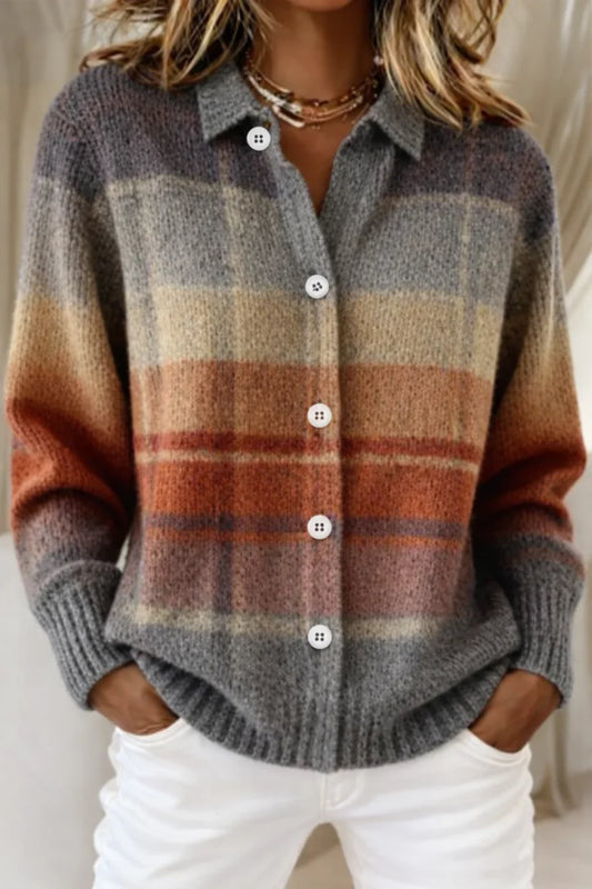 Women's knit checkered blouse with collared button-front and ribbed cuffs – Multicolored