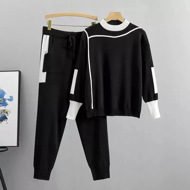 Women's knit color-block tracksuit with mock-neck and tapered-leg trousers – Black